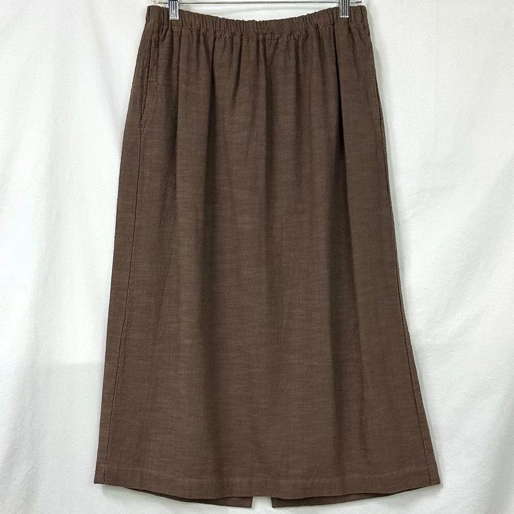 CP SHADES Vintage Brown Linen Cotton Midi Skirt Elastic Waist L Lagenlook Boho